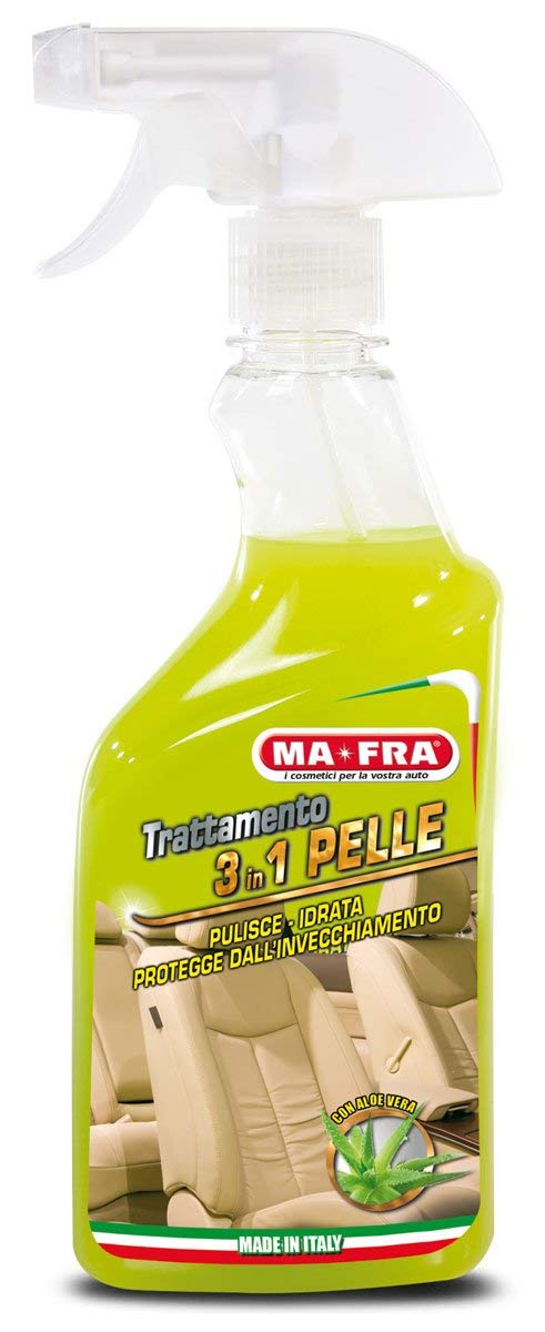 Ma-Fra Kit Trattamento Auto Interno ED Esterno. TRATTAMENTO 3IN1 PELLE- PLASTICHE- GLASS CLEANER, INSIEME 7 PANNI MICROFIBRA MULTIUSO 30x35 cm