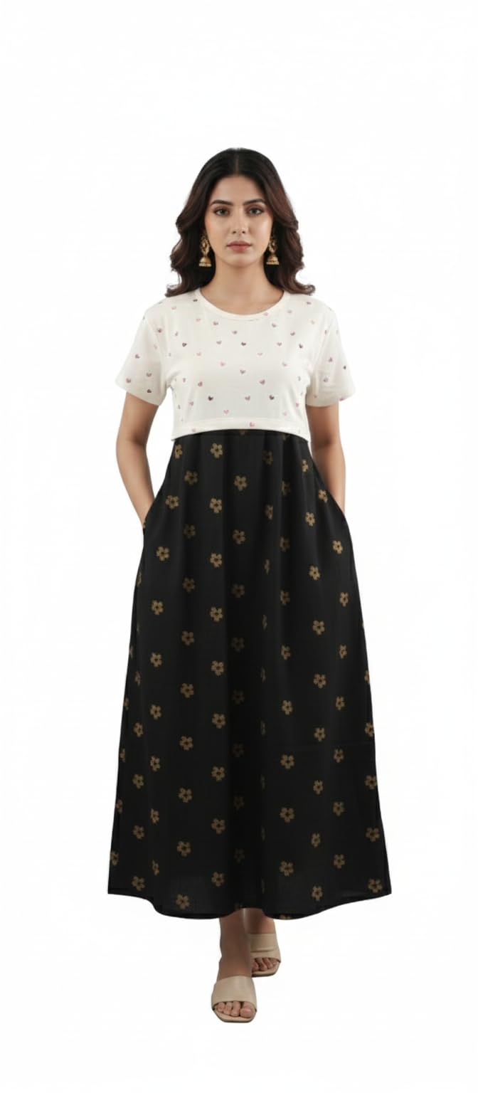 Dual Colour Feeding Dress for New Moms|Cotton Maternity|Zipless Nursing Gown with Tie-Knot & Pocket|maxi Pregnancy Wear|Pre & Post Maternity Gown 160-170 GSM-image-40