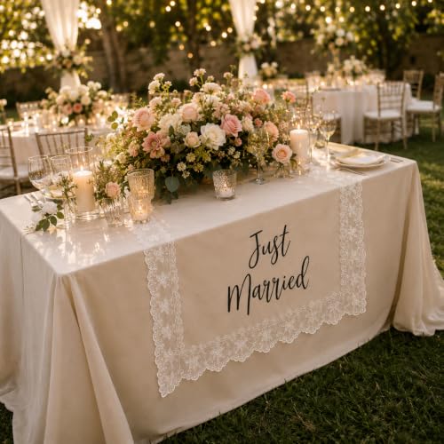 Image of Just Married Wedding Table Runner with Lace Trim, Handmade Sweetheart Head Table Banner Just Married Lace Sign for Wedding Reception Car Event Bridal Shower Home Bar Party