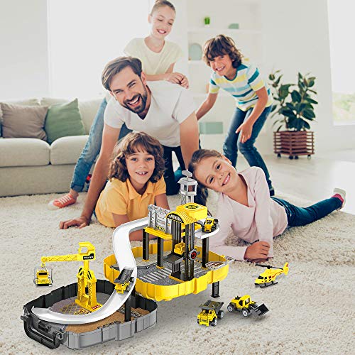 BeebeeRun Construction Vehicles for Kid - Engineering Construction Truck Parking Lot with Race Track,Helicopter,Bulldozer, Mixer Toy for 3 4 5 Year Old Boys, Toddlers, Kids,Children