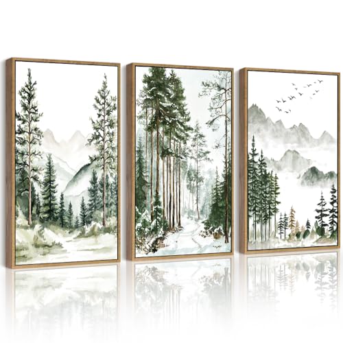 Drsoum Green Tree Forest Framed Wall Art Watercolor Nature Mountain