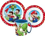 Juego de vajilla infantil Super Mario con plato, cuenco de cereales y taza (reutilizable)