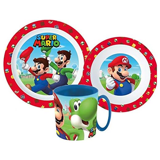 Juego de vajilla infantil Super Mario con plato, cuenco de cereales y taza (reutilizable)