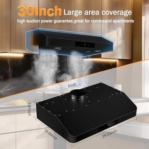 30 Inch Under Cabinet Range Hood 1200CFM, 4-Speed Kitchen Hood with Touch Control & Gesture Sensing Stainless Steel Kitchen Stove Vent Hoods with 2 LED Lights Black Standard Series