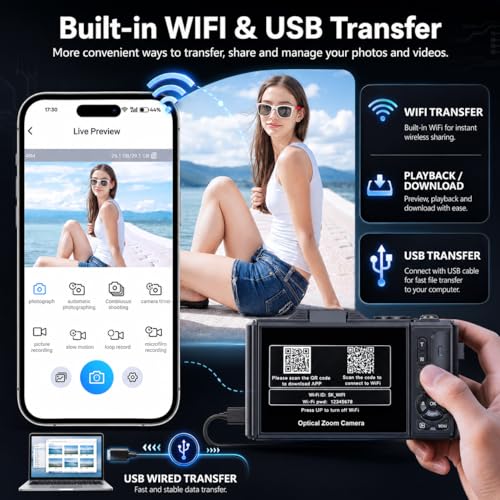 Image of 5K Digital Camera for Photography, 80MP Vlogging Camera for YouTube with 3 inch 180 Flip Screen, 12X Optical Zoom WiFi, Beauty Filter & Autofocus Point and Shoot Camera with 16G SD Card for Beginner