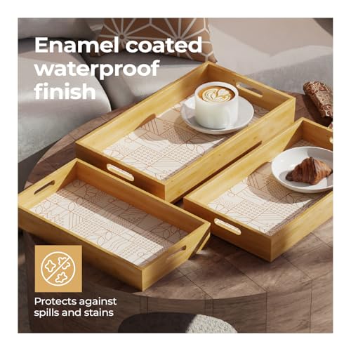Image of Lifelong Set of 3 Premium Handcrafted Wooden Tray for Serving(16x10,14x8,12x6 inch) Tray Set for Decoration | Kitchen & Dining Tray |Premium MDF | Large, Medium, Small Multipurpose Tray|Enamel Coated