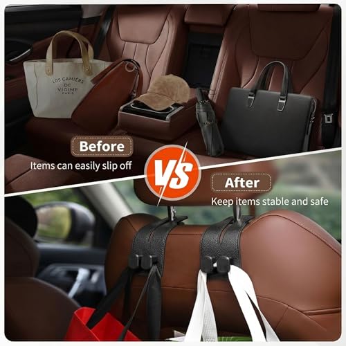 Image of Hian Leather Car Seat Headrest Double Hooks, Back Seat Organizer for Purse, Handbag, Grocery Bags and Backpack, Multifunctional Car Storage Hook for Vehicle Seat Back (Black, Pack of 2)