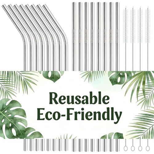 16-Pack Stainless Steel Straw,Reusable Straws – 8 Straight & 8 Bent (8.5 Inch) Metal Drinking...
