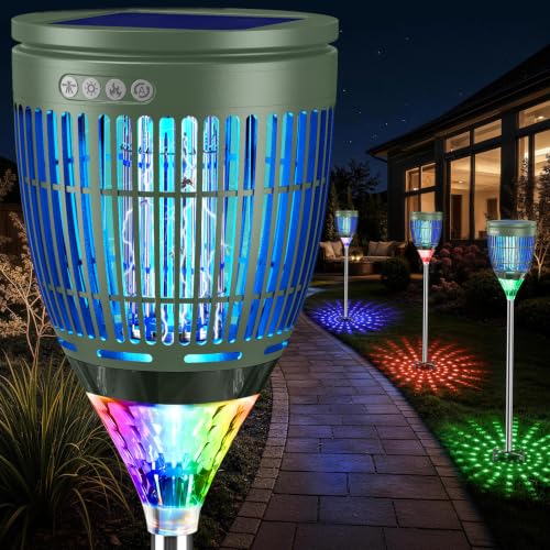 Image of All in 1 Solar Bug Zapper Outdoor, Flame & Projection Mode, Auto /Manual Modes, 4200V Electric Mosquito Killer with High Powered, IPX5 Waterproof Rechargeable Fly Insect Trap for Patio Garden Yard RV