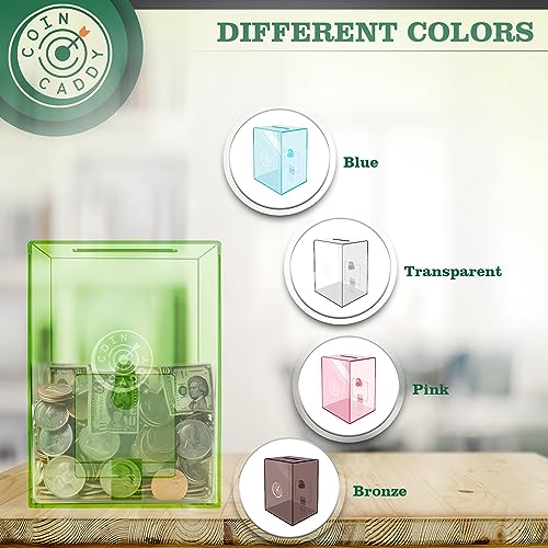Coin Caddy Clear Piggy Bank for Adults Kids - Large & Sturdy Personal Money Jar for Cash Saving with Key - Acrylic Money Saving Box for Vacation, Wedding, Birthday Gifts & Fun, Neon Piggy Banks