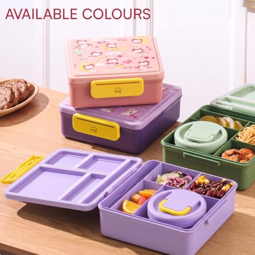 Image of House of Quirk 'NomNom' Unicorn Print Bento Lunch Box, 1800ml with 300ml Removable Bowl, Microwave Safe Lunch Box with Spoon, Fork & Knife for Kids, School, Office, Picnic & Travel (Purple)