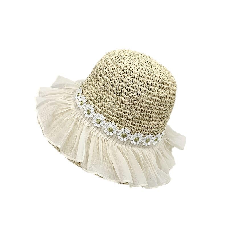 Sombrero de Paja para Mujer,ala Ancha,Plegable,para Playa,con Tul Floral,para Viajes,Vacaciones de Verano,Suave,Ligero y Transpirable