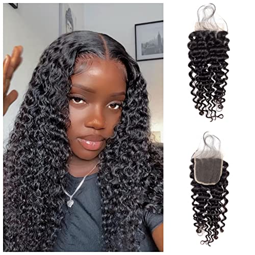 Langer Hair 12A Brazilian Deep Wave 4x4 HD Lace Closure Free Part Hand Tied Swiss Lace Closure 100% Unprocessed Human Hair Transparent Lace Closures Pre Plucked Natural Black (14 Inch,4x4 closure)