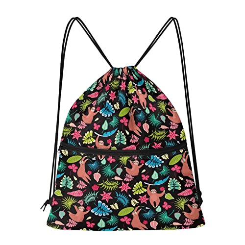 Rnyleeg Sloth Drawstring Backpack Patriotic Sports Gym Bag for Women Men Children Large Size with Zipper and Pockets, Black,One Size