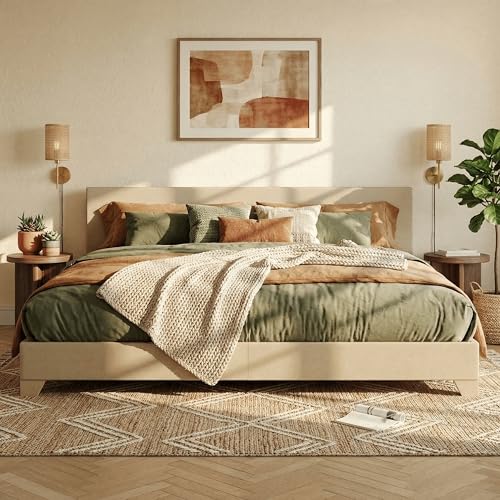 SHA CERLIN Linen Upholstered King Size Bed Frame with Headboard Beige