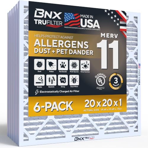 BNX TruFilter 20x20x1 Air Filter MERV 11 Allergy, Dust & Pet Defense 6-Pack | Actual Size: 19.69 x 19.69 x 0.75, Electrostatic Pleated HVAC AC Furnace Filter Replacement, Made in USA, MPR 1200 & FPR 9