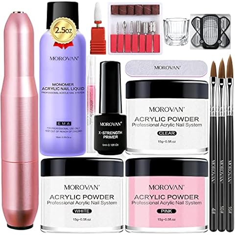 Morovan Acrylic Nail Kit with Drill - White Clear Pink Colors Acrylic Powder Nail Brush Cleaner Nail Primer Nail Kit Acrylic Set for Beginner Nail Extension Nail Carving Home Cover