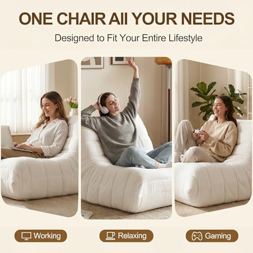 Image of Gazecaia Comfy Bean Bag Chair for Adults Teens | Fireside Floor Lounge Chair, Soft Teddy High-Resilience Memory Foam Bean Bag Couch with Non-Slip Base, for Living Room Bedroom Apartment Office, Beige