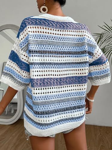 Image of Verdusa Women's Short Sleeve Drop Shoulder Striped Sweater Top Hollow Out V Neck Summer Shirt