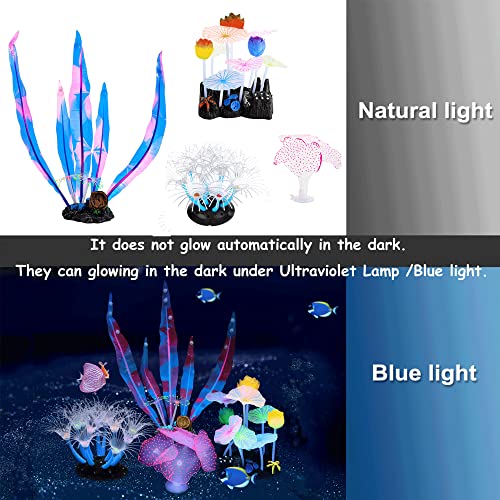 Image of Lpraer 4 Pack Glow Aquarium Decorations Kelp Lotus Anemone Sun Flower Simulation Glow Plant Glowing Effect Silicone for Fish Tank Decorations