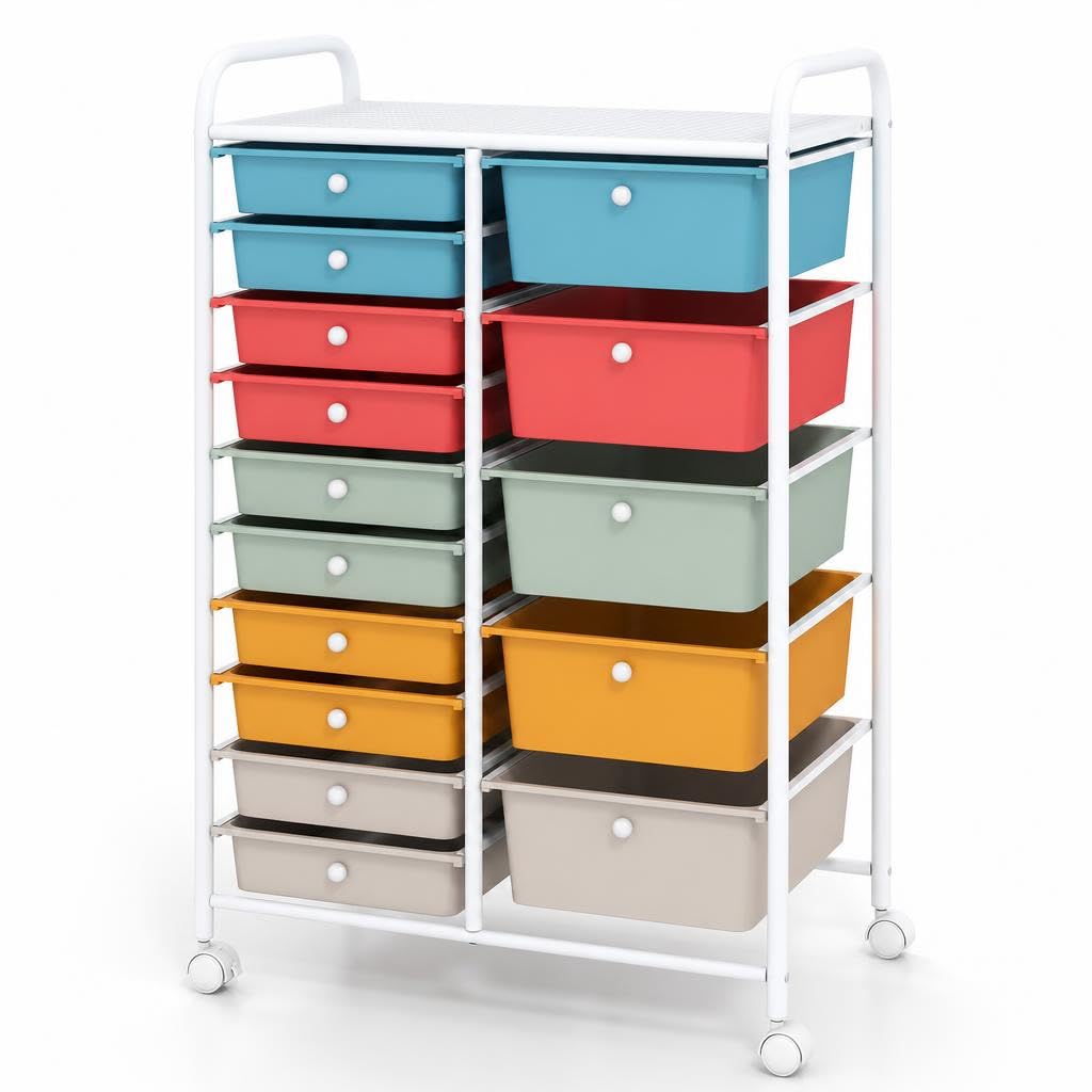 COSTWAY 15 Drawers Storage Trolley, Home Office Stationary Rolling Cart with 4 Wheels, Multipurpose Mobile Organiser Shelving Unit for Makeup Beauty (63 x 38 x 96cm, Macaron)