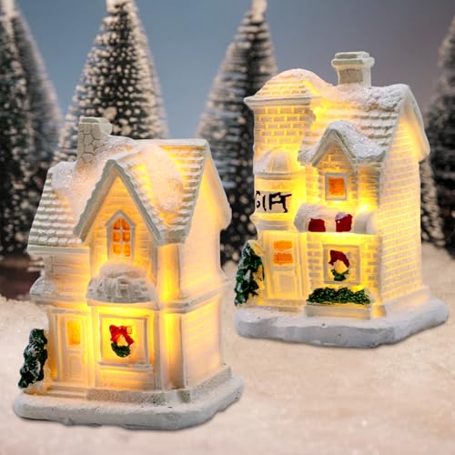 GAROMIA Weihnachtsdorf Beleuchtung Weiß 2 Stück Mini Lichthaus...