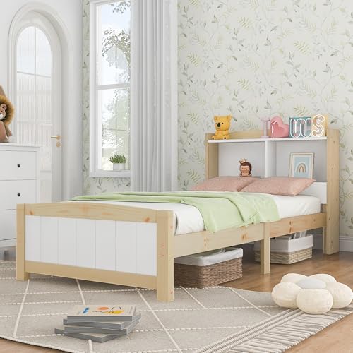 Cabecero de cama de madera maciza para cama individual, 90 x 200 cm, con somier, cama de madera con cabecero, cama infantil de pino macizo, natural y blanco (sin colchón ni cajones)