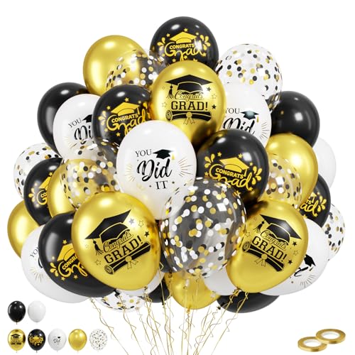 Image of Graduation Balloons, 50 Pcs Black Gold for Class of 2026 Grad Party Decor
