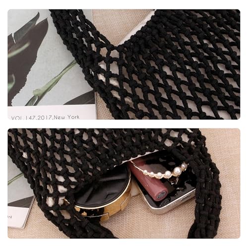 Image of Naimo Straw Beach Bag Woven Rattan Shoulder Bag Fishing Net Handbag Cotton Rope Tote Summer Crochet Hobo Bag
