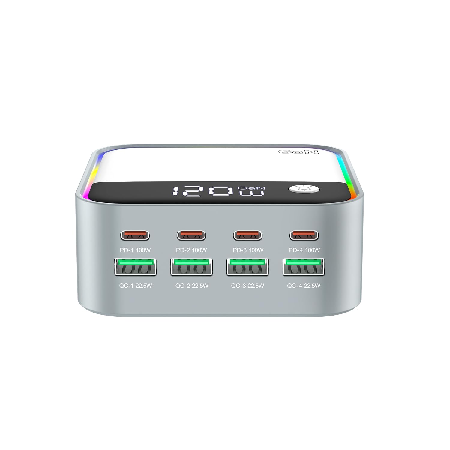120W Chargeur rapide, station de charge USB C GaN à 8 ports avec port de charge rapide PD3.0 et QC3.0 de 100W et affichage numérique intelligent