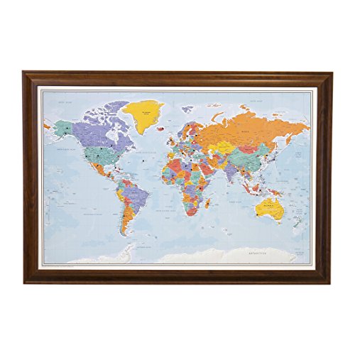 Push Pin World Travel Map with Brown Frame and Pins - Blue Oceans - 27.5 inches x 39.5 inches