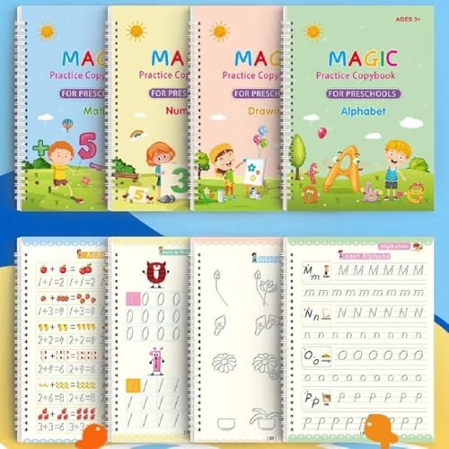 Image of Magic Practice Copybook for Kids - 4 Books + 10 Refills + 1 Pen + 1 Grip | Reusable Magic Calligraphy & Number Tracing Copybook Kit for Preschoolers (Pack of 4)