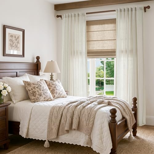 Image of jinchan Linen Curtains with Lace Trim Beige Curtains for Living Room 84 Inch Long Rod Pocket Rustic Curtains Semi Sheer Light Filtering Drapes Bedroom Dining Room Window Curtain Set 2 Panels