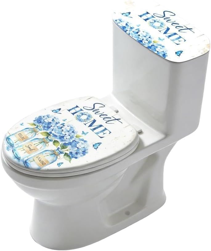 2Pcs Blue Flower Vase Toilet Lid Cover and Tank Cover Set Stretch Cover Sets Watercolor Toilet Seat Covers Fabric Sets Machine Wash Fits Round Elongated Oblong for Bathroom Replacement