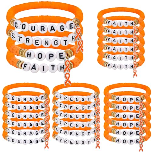 24 Pcs Leukemia Awareness Products Orange Ribbon Polymer Clay Letter Beaded Stretch Bracelets Leukemia Lymphoma Cancer Awareness Products for Women Public Social Charity Welfare Event
