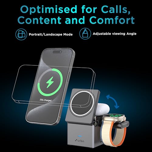 Image of URBN Wireless Charger 3-in-1 MagSafe Charging Stand | Foldable Charger for Apple iWatch, AirPods, iPhone 16 /16 Pro /16 Plus /15 /15 Pro Max & Qi-Compatible Smartphones | Qube Design