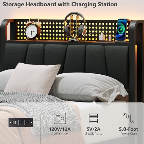 Image of Furnulem Twin Bed Frame with LED Light and Charging Station, Grey Upholstered Storage Headboard with Shelf, Metal Platform Bed with Heavy Duty Slats, No Box Spring Needed, Noise Free & Easy Assembly