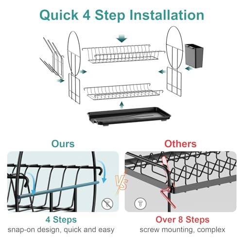Image of iSPECLE Dish Drying Rack - 2 Tier Small Dish Racks for Kitchen Counter with Drainboard, Utensil & Glass Holder, Small Dish Dryer Rack, Multifunctional Dish Drainer for Kitchen Organization, Black