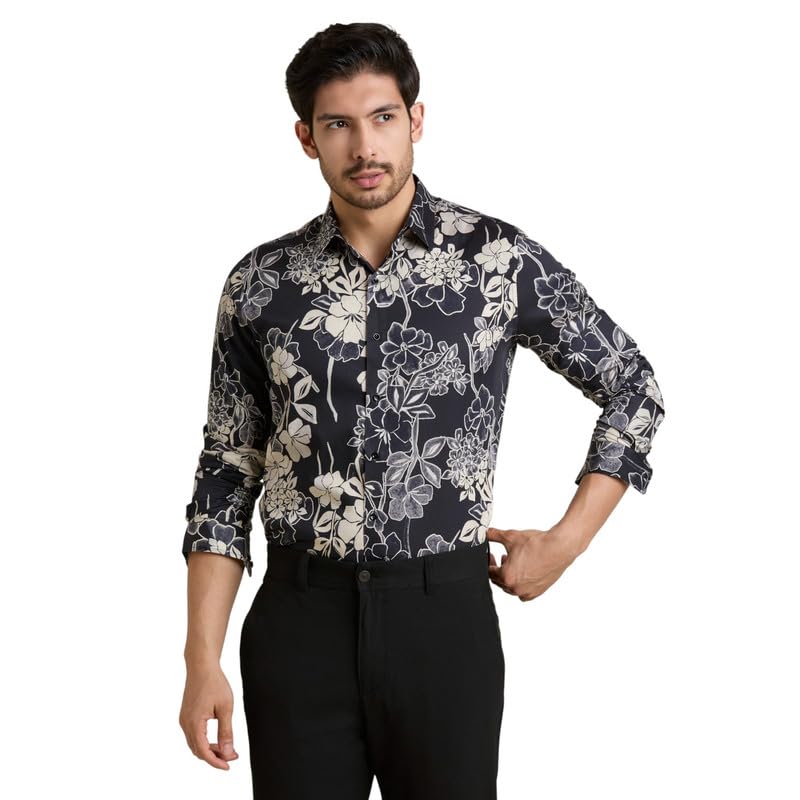 Image of MARK & ALBERT Men's Printed Full Sleeves Regular Fit Shirt Blue | 100% Cotton Stretchable Fabric
