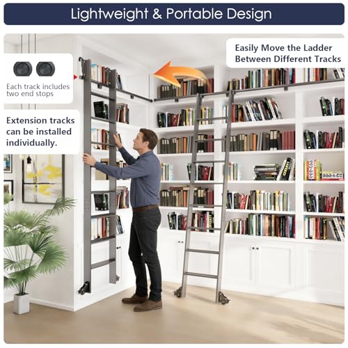 Image of 108in Sliding Library Ladder with 4FT Track Kit, Rolling Ladder with Brake Wheels & Telescopic Top Hooks, Space-Saving Vertical Storage, 9-Step Ladder for Bookshelf & Loft, Black, Aluminum, 330LBS