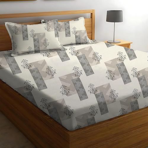Image of DECOREZA Premium Cotton Feel Elastic Fitted Bedsheet Queen Size 60 x 78 Inch with 2 Pillow Covers | All-Around Elastic | Soft & Breathable | Mattress Upto 10 Inches (Cream Lines)