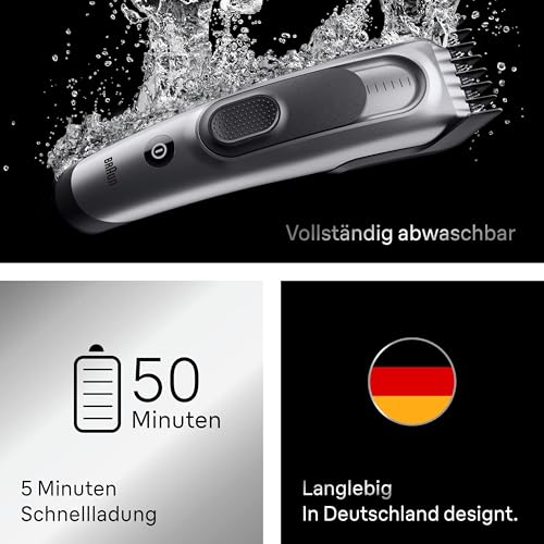 Braun Haarschneider Series 7, Haarschneidemaschine und Rasierapparat für Herren, Haartrimmer mit Ultrascharfer Klingen, 17 Längen, 5 Zubehörteile, 50 Min. Akku, Abwaschbar, HC7590, Grau