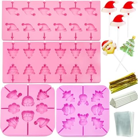 304Pcs Christmas Lollipop Molds, Christmas Tree Mold Santa Claus Hat Lollipop Silicone Mold Gift Hard Candy Sucker Molds Xmas Lolly Pop Tray Chocolate Mold with Lollipop Sticks Treat Bags Twist Ties Cover