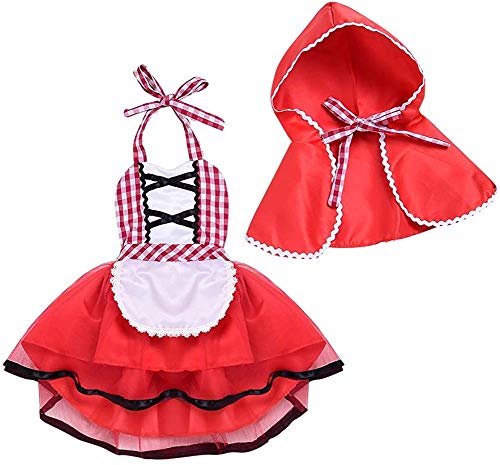 Newborn Baby Girls Deluxe Little Red Riding Hood Halloween Birthday Costume Christmas Cosplay Dress Up Fairy Tale Cloak Cape Role Play Fancy Outfit Storybook Princess Gown Sunsuit Photo Shoot 2-3T