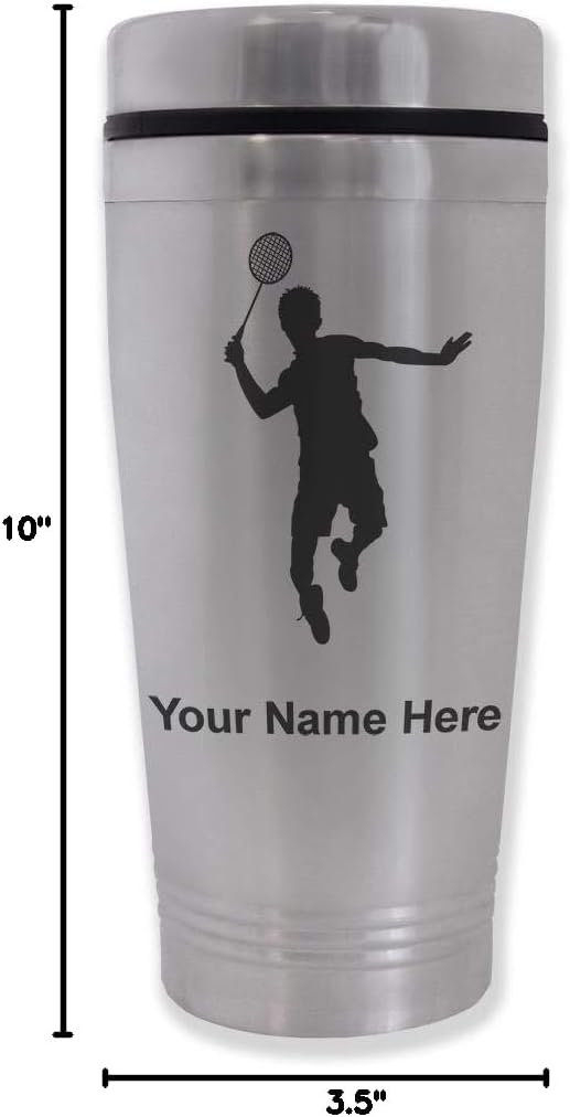 LaserGram 16oz Commuter Mug, Badminton Player, Personalized Engraving Included