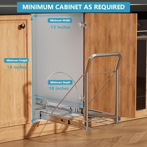 Pull-Out-Trash-Can-Under-Cabinet-w-Soft-Close-Stainless-Handle-Chrome-Heavy-Duty-Under-Sink-Pull-Out-Kit-Adjustable-Tail-Groove-For-7-13-Gal-Can-Requires-13W-x-18D-Cabinets-Bin-Not-Included