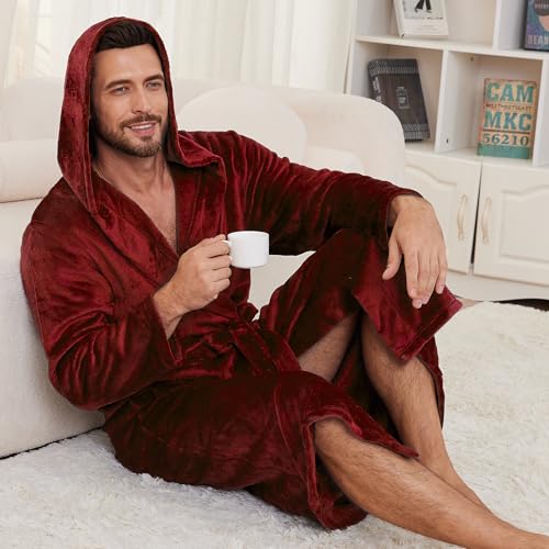 Image of Mens Hooded Fleece Robe, Lightweight Soft Warm Fleece Bathrobe Shower Spa Long Robe With Pockets