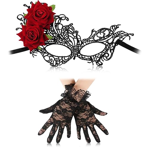 Aoriher Máscara de renda de Halloween Dia dos Mortos máscara de máscara de mulher de filigrana luvas de renda de grade malha curtos pretos para fato mexicano ópera cosplay dança