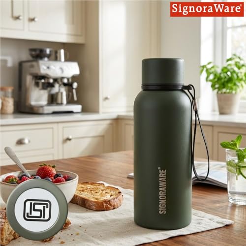Image of SignoraWare Parkour Vacuum ISI Certified Stainless Steel Bottle With Hanging Strip | Airtight & Leakproof | Easy To Clean | Lightweight | Ideal for School, Office, Gym Or Outdoors (500ml | Green)