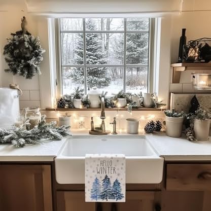 DineDia Hello Winter Küchentücher, 2er-Set, blauer Baum, Schneeflocke, Geschirrhandtücher, Ferienhaus, Innenbereich, Badezimmer, Party, saisonale Noel-Dekoration, DD019 – Bild 3